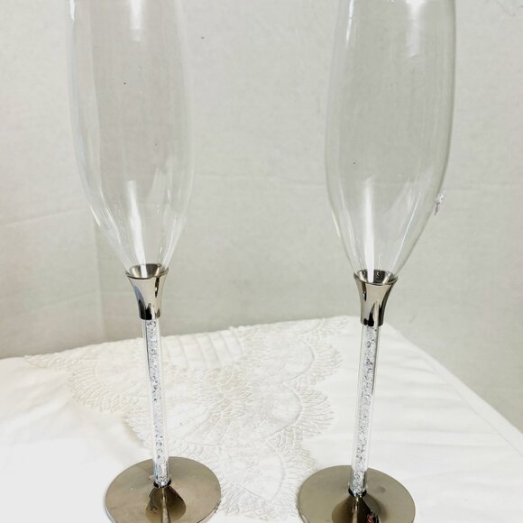 Champagne Toasting Flutes Wine Glass HBH Stemwear Glittering Beads - Set of 2 - Picture 8 of 14